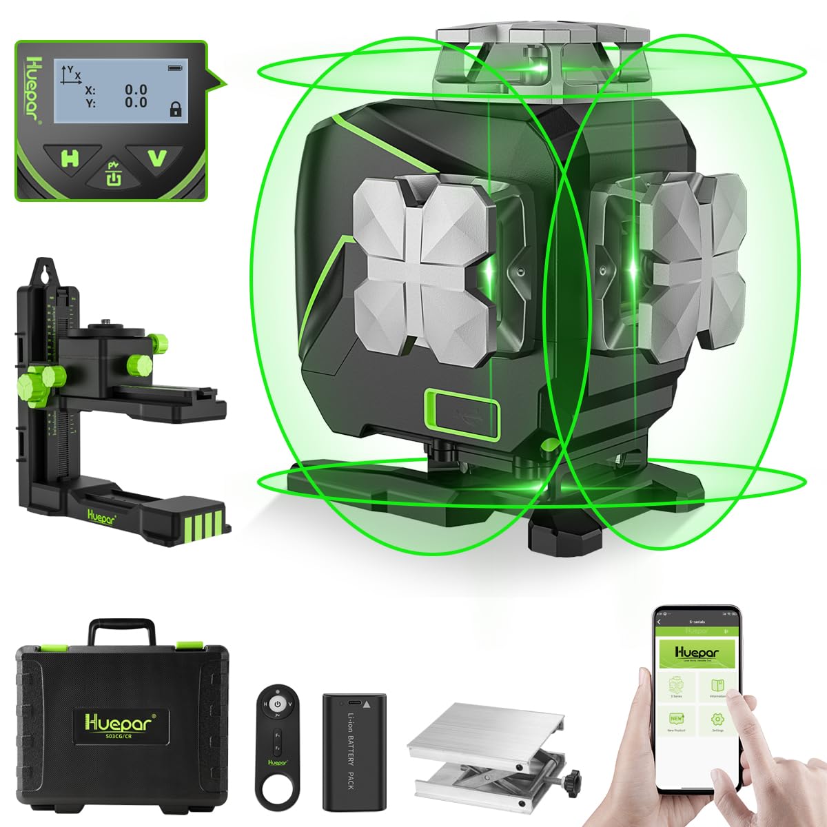 Huepar Laser Level 360 Self Leveling, 4x360° Green 4D Cross Line Laser with LCD Screen, Bluetooth Outdoor Pulse Mode Laser Tool for Construction -Remote Control, Li-ion Battery or 4 AA Batteries-S04CG - Medaid International