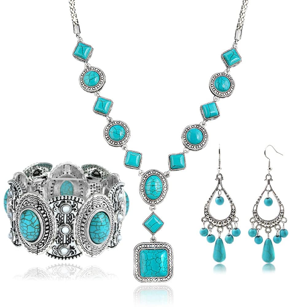 TERRIFI 3-Piece Bohemian Set: Turquoise Pendant Necklace, Vintage Dangle Earrings, Stretchable Bracelet