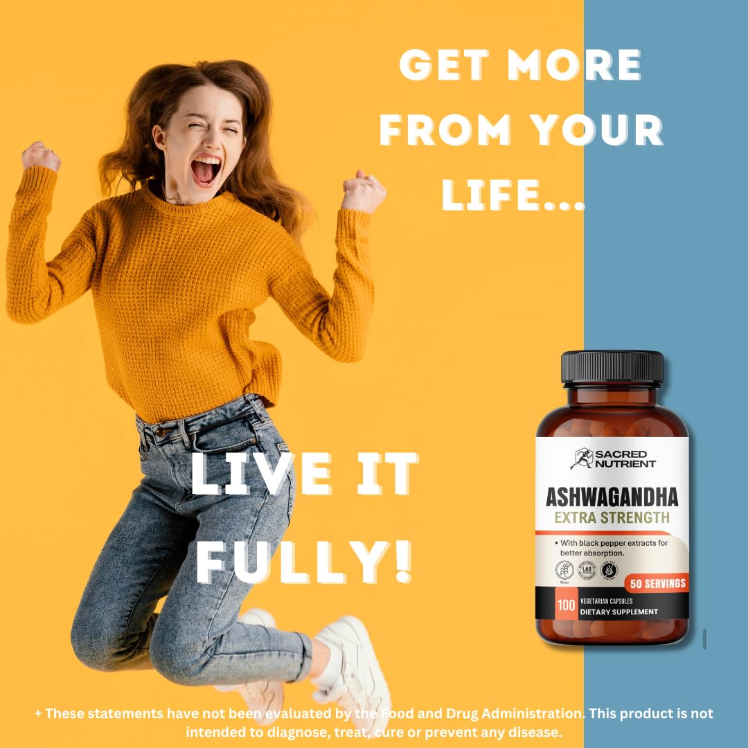 Sacred Nutrient Ashwagandha Organic Extra Strength Supplement with Black Pepper for Stress & Mood Support, Energy 300mg Extract (Equivalent 3000mg Herb), 100 Capsules - Medaid International