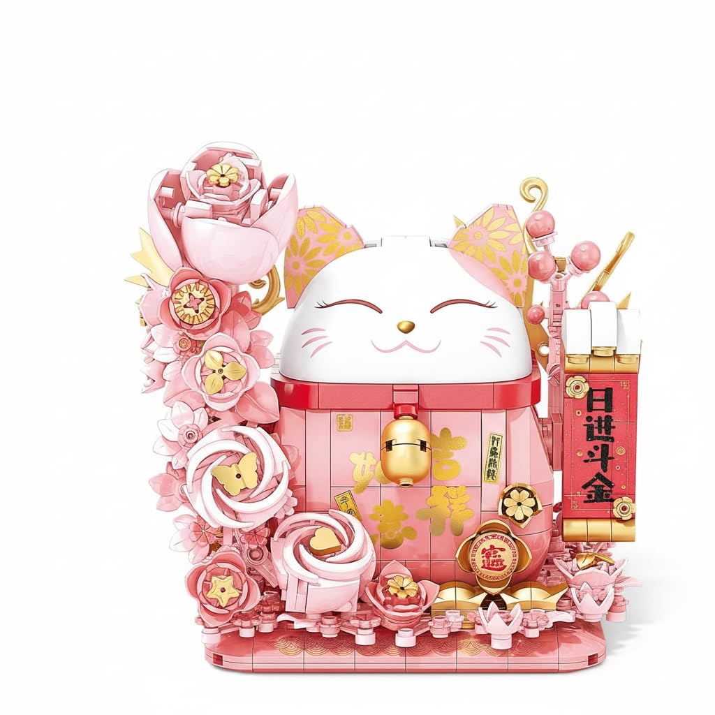 KASTWAVE 868Pcs Pink Lucky Cat Building Block Set – Compatible with Lego | Cute Fortune Cat with Flowers/Bells/Ingots, Creative Christmas/Birthday Gift for Kids & Adults