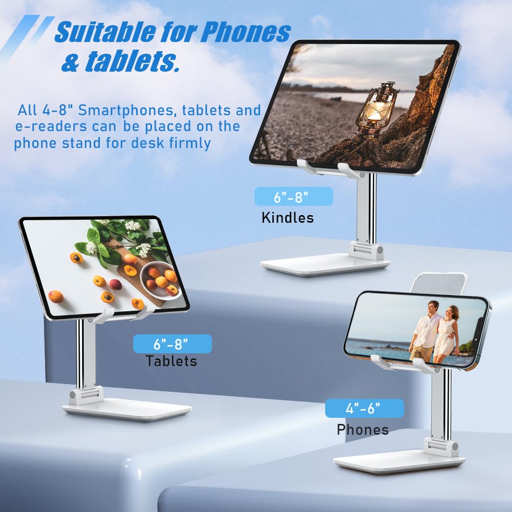 Cell Phone Stand, Angle Height Adjustable Cell Phone Holder with Silicon Pad for Desk Fully Forldable Mobile Phone Holder Compatible with All Mobile Phones, MT-6, (White) - Medaid International