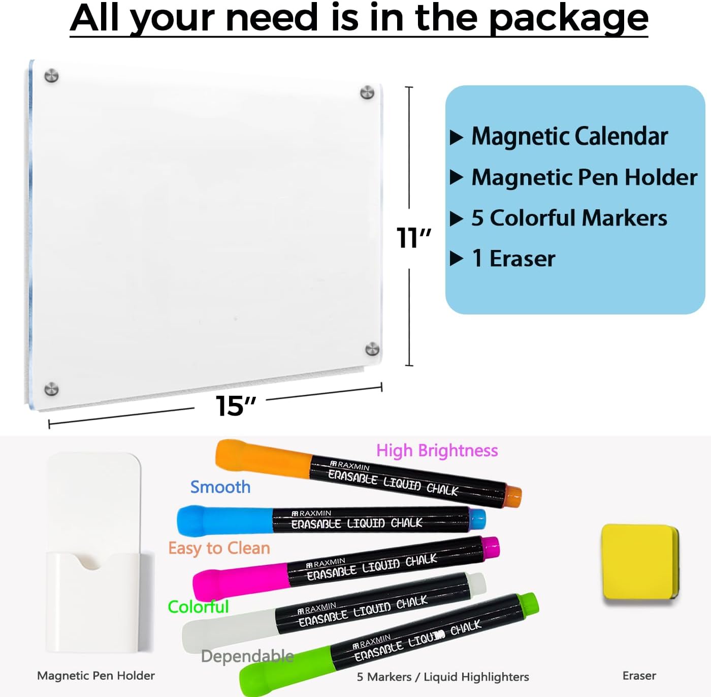 ChicRosa RR RAXMIN Acrylic Note Board Refrigerator Dry Erase Board Magnetic Clear 15”x11" Includes 4 Dry Erase Markers