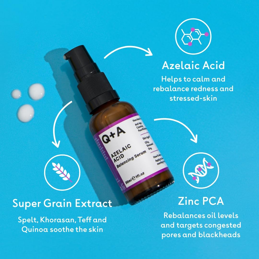 Q+A Azelaic Acid Balancing Serum (30ml), Natural Face Serum with Zinc PCA and Antioxidant Super Grains, Fragrance Free Skincare, Calms Blemishes and Smoothes Skin - Medaid International