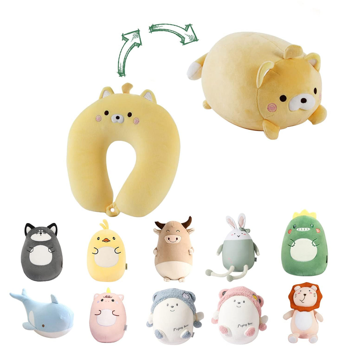 KASTWAVE Kids Travel Pillow - 2-in-1 Travel Pillow for Kids - Soft and Adorable Animals Reversible into a U-Shaped Neck Pillow for Airplane, Car, Train, or Bus