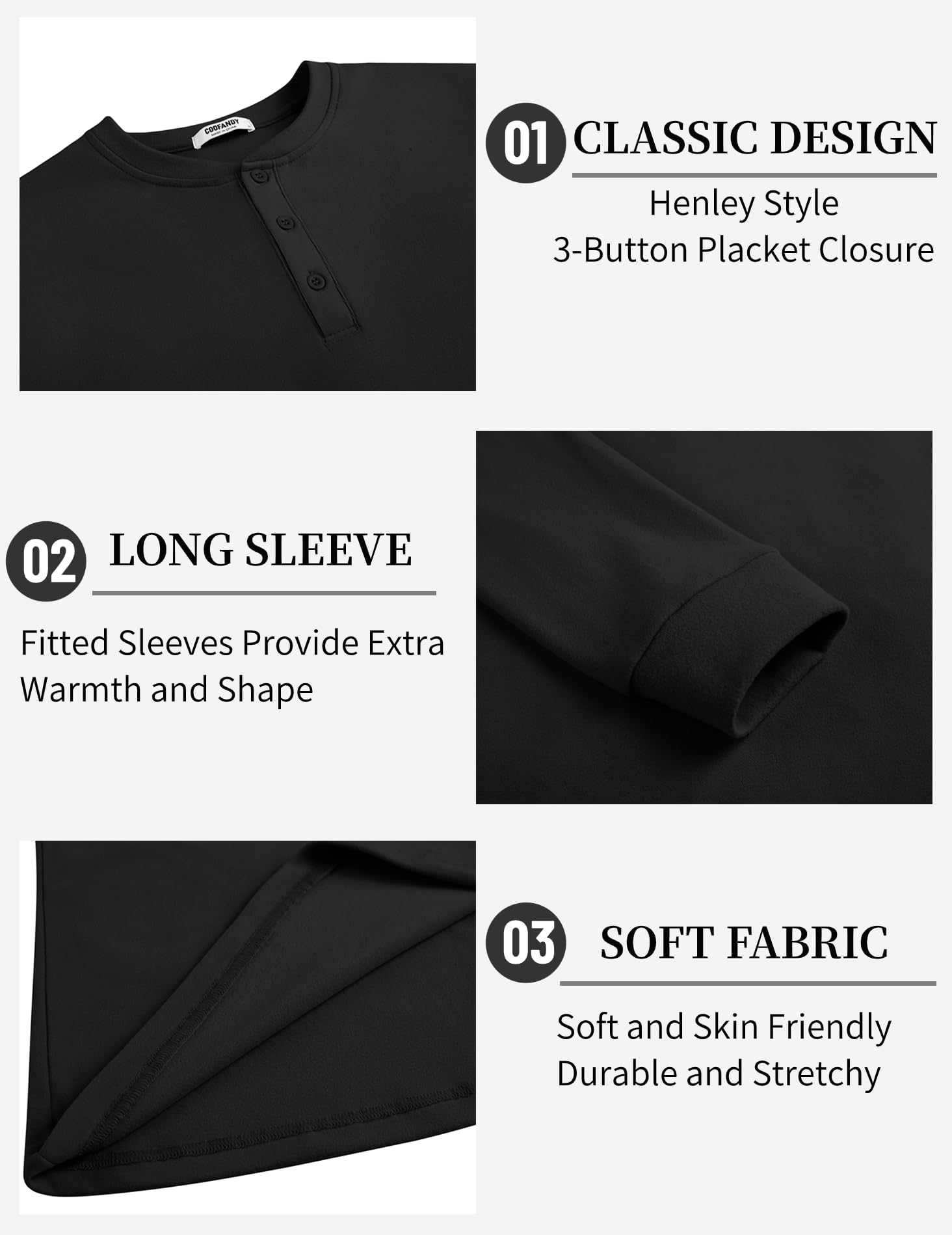COOFANDY Mens Long Sleeve Henley T-Shirts Basic Thermal Pullover Stretch Tee Shirts Fashion Casual Tops Black - Medaid International