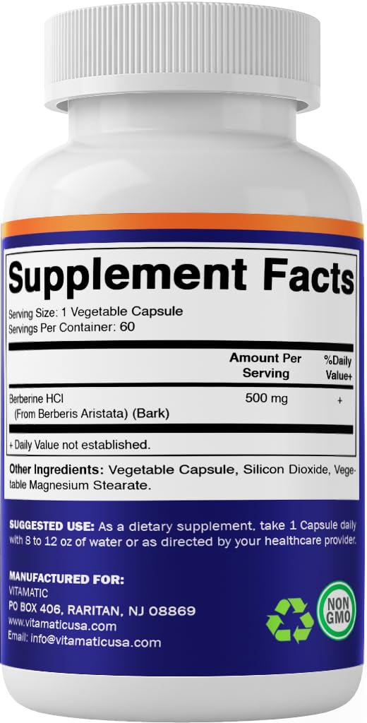 Vitamatic Berberine Supplement 500mg - 60 Vegetable Capsules - Made in The USA - Gluten Free - Non-GMO (2 Bottles) - Medaid International