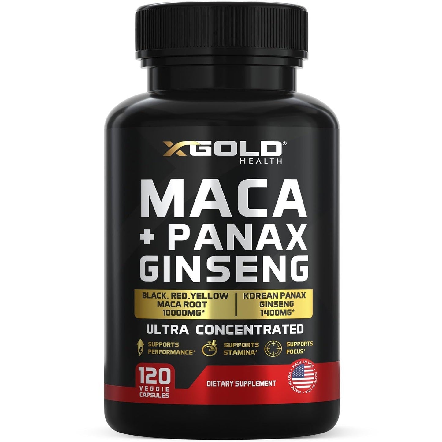 Maca Root Capsules 10,000mg + Korean Panax Ginseng 1,400mg - 20x Concentrated Extract Black + Red + Yellow Maca Root, 10x Concentrated Extract Panax Ginseng Capsules - Ultra Potent & Highly Purified - Medaid International
