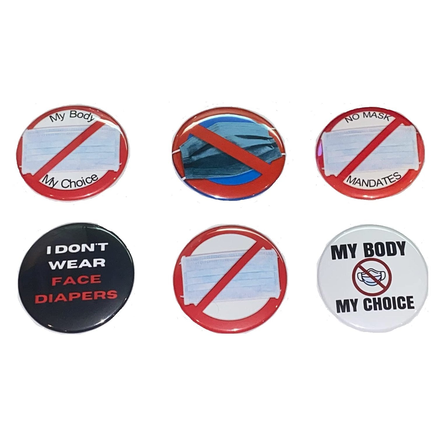 No Mask Mandates - Anti-mask buttons - Collection of 6 pins (2.25 inches) - Medaid International