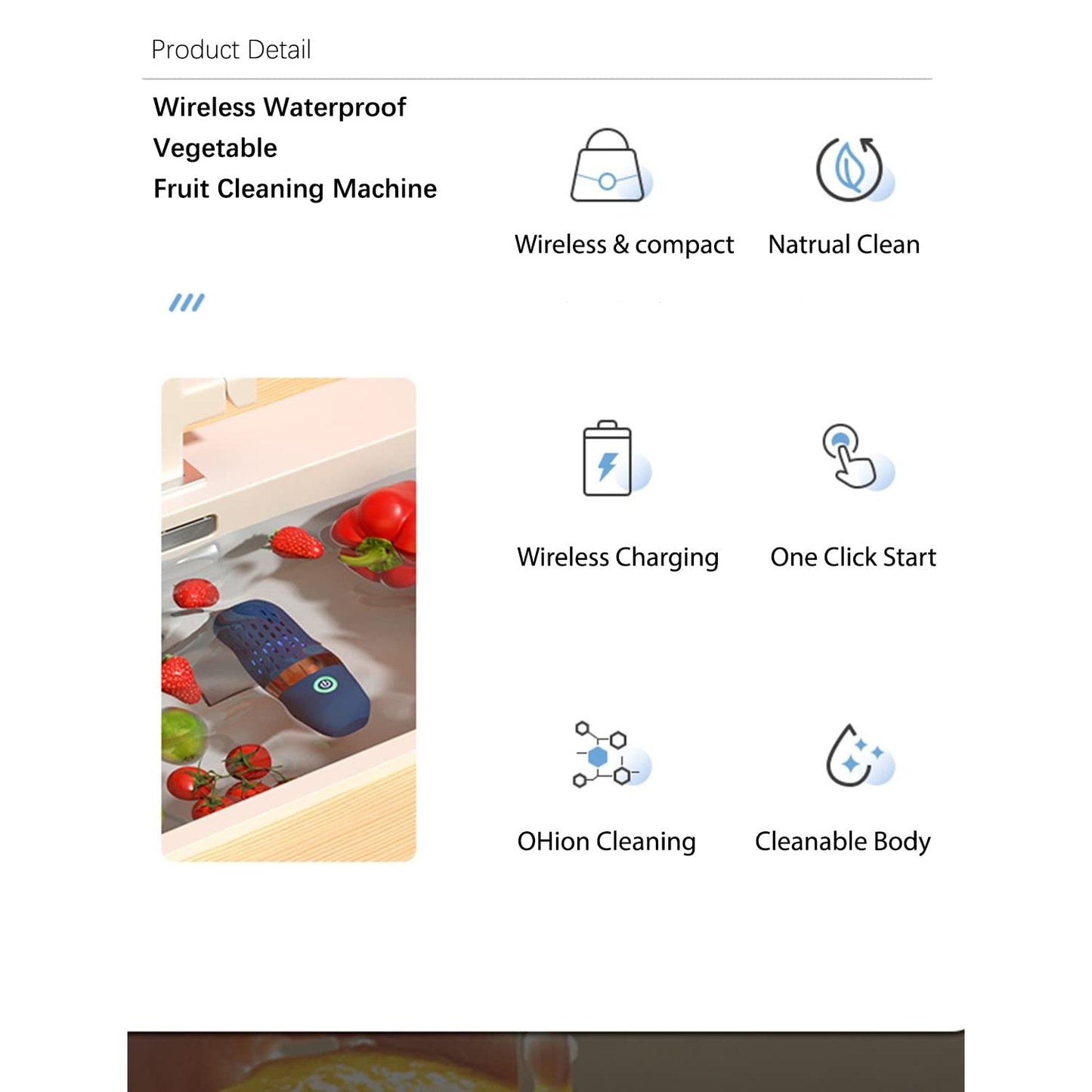 BCRTO Vegetable and Fruit Cleaner Machine, Purified Water-Proof Fruit Cleaning Device with OH-ion Purification Technology 250min Working time and Wireless Charging, for Cleaning Fruit, Grain,Meat - Medaid International