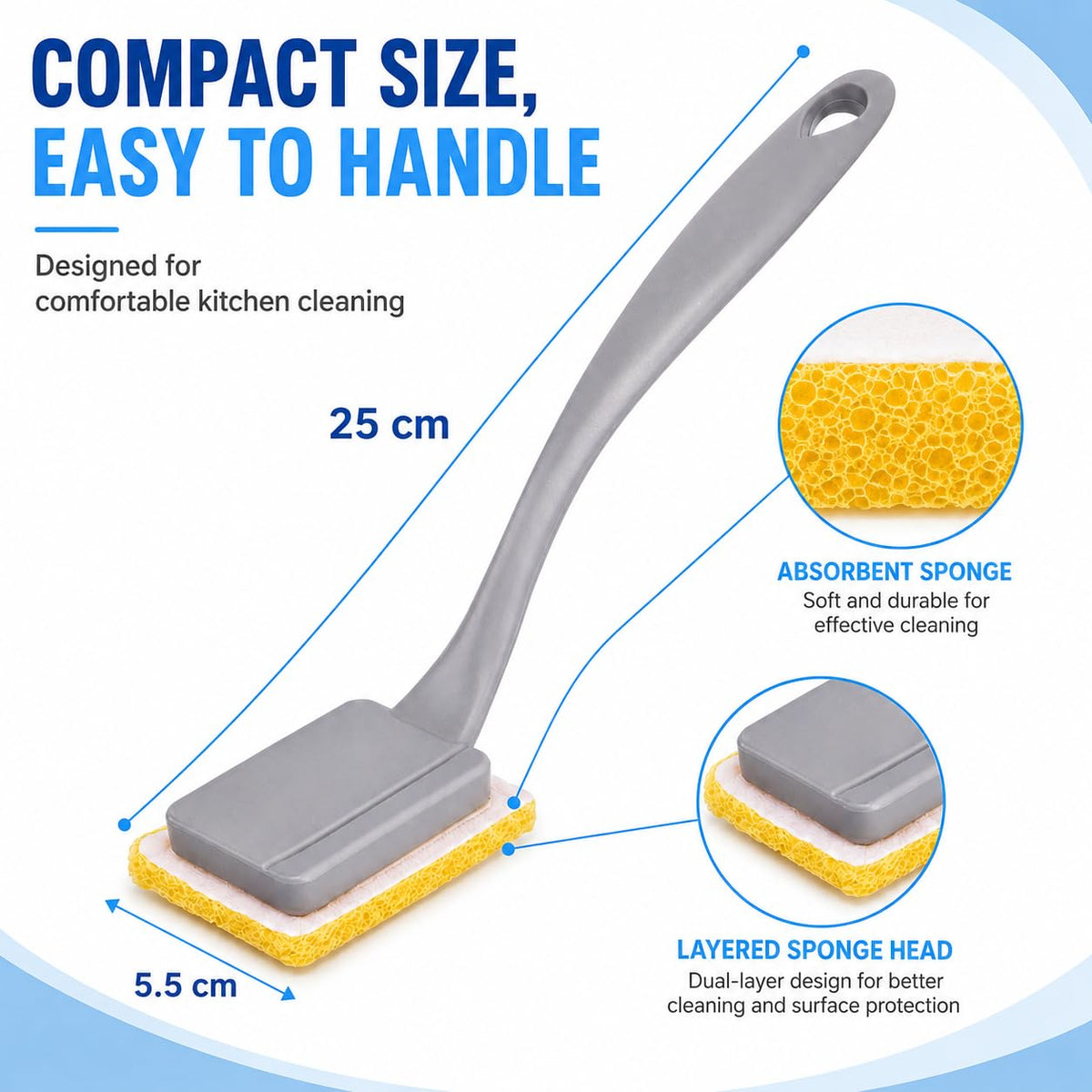 TERRIFI Dish Brush with Handle and 5 Sponge Refills, Non-Scratch Dishwand Cleaning Brush for Pans, Pots, Sink, Stove, Kitchen Utensils, Shower and Tubs, Grey