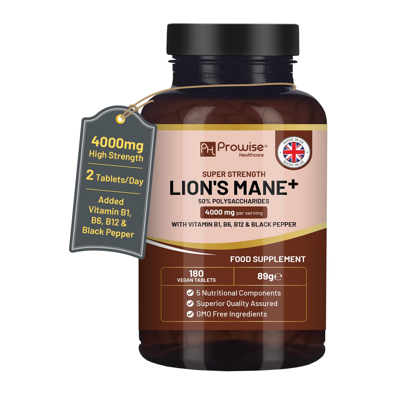 Lions Mane Mushroom Supplement 4000mg with Vitamin B1, B6, B12 & Black Pepper - 180 Super Strength Vegan Tablets with 50% Polysaccharides (Not Powder or Capsules) | Made in The UK by Prowise - Medaid International