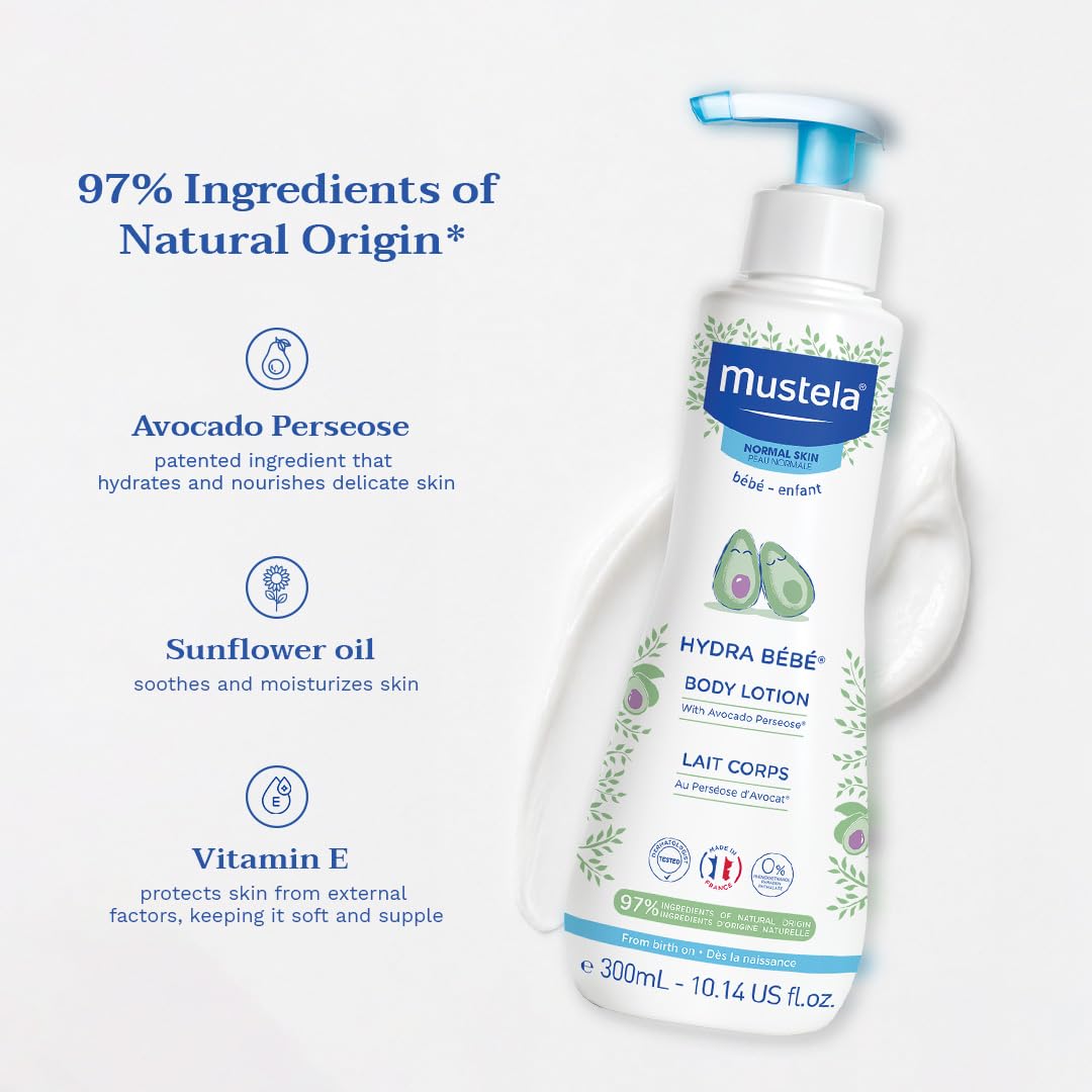 Mustela Hydra Bebe Body Lotion - Daily Moisturizing Baby Lotion with Natural Avocado, Jojoba & Sunflower Oil – 10.14 fl. oz.