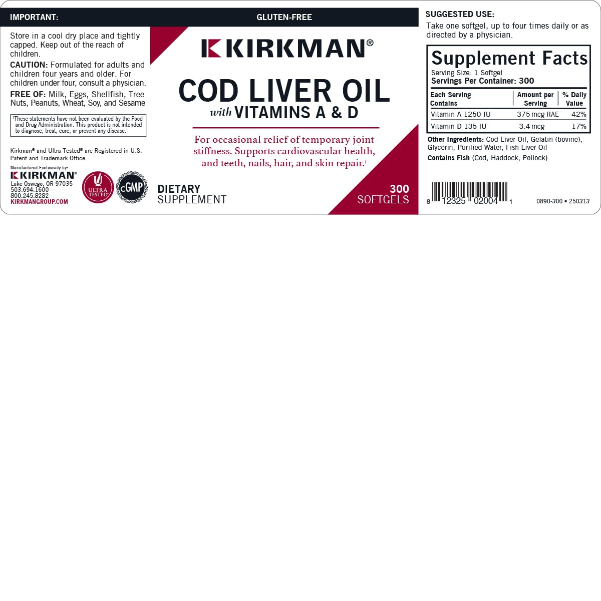 Kirkman - Cod Liver Oil with Vitamin A & D - 300 Softgels - Essential Fatty Acids - Supports Foundational Health - Hypoallergenic - Medaid International