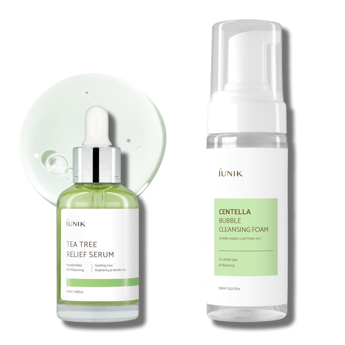 iUNIK Tea Tree Relief Facial Serum & Centella Bubble Foaming Face Cleanser Gentle Mild Soothing Calming Hydrating Ampoule Essence Acne-prone Oily Dry Skin Vegan Korean Skincare - Medaid International