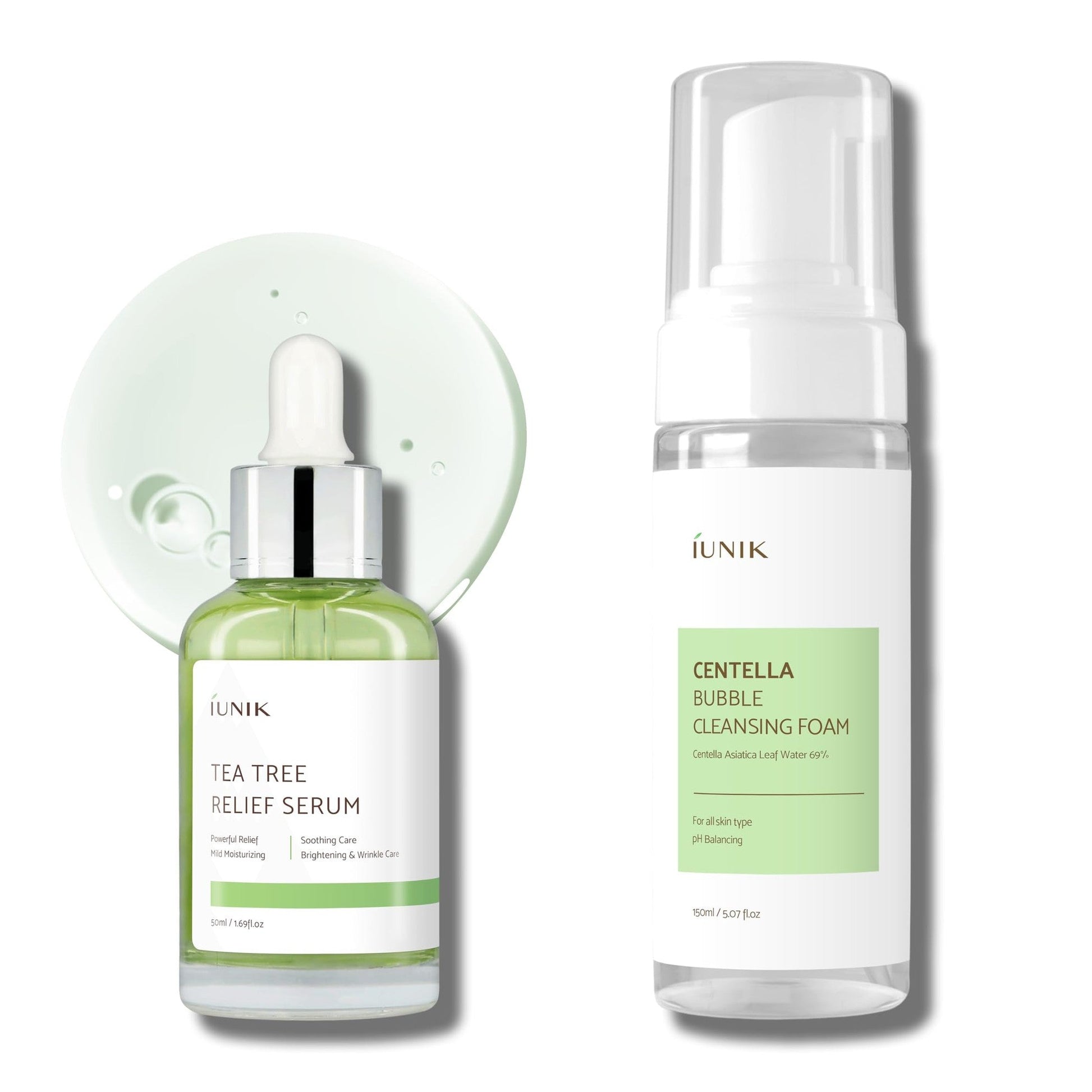 iUNIK Tea Tree Relief Facial Serum & Centella Bubble Foaming Face Cleanser Gentle Mild Soothing Calming Hydrating Ampoule Essence Acne-prone Oily Dry Skin Vegan Korean Skincare - Medaid International