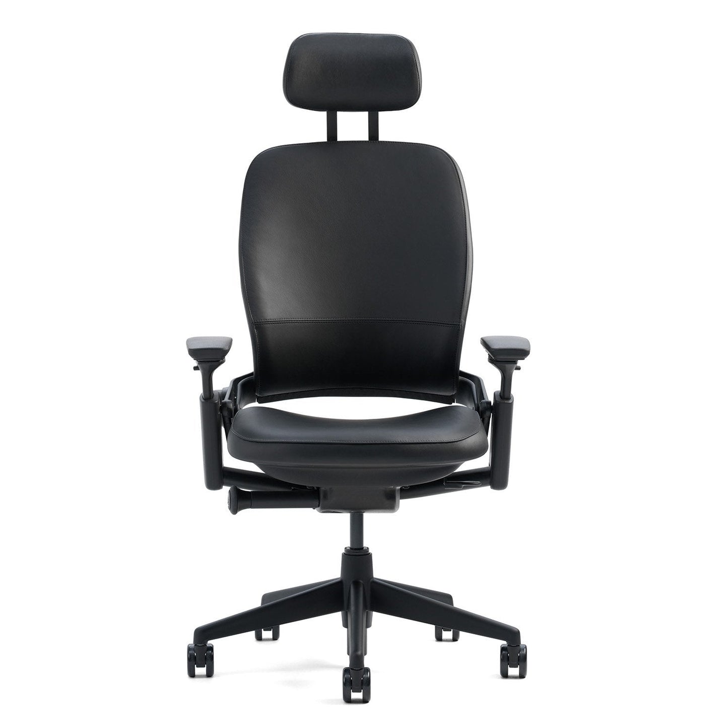 Steelcase Leap V2 Desk Chair with Headrest Black Leather Seat and Back - 4-Way Highly Adjustable Arms - Black Frame and Base - Standard Carpet Casters - Medaid International