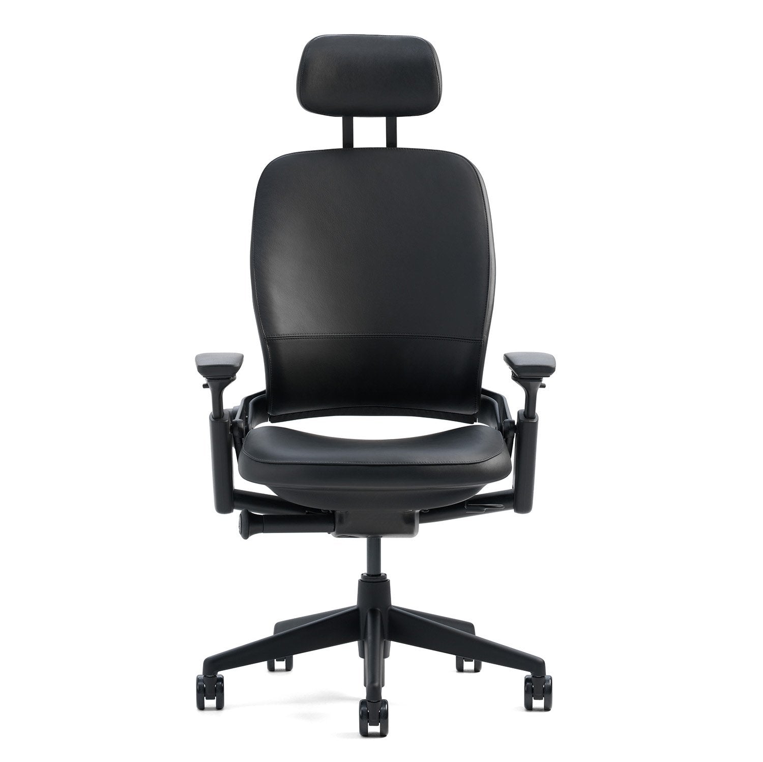 Steelcase Leap V2 Desk Chair with Headrest Black Leather Seat and Back - 4-Way Highly Adjustable Arms - Black Frame and Base - Standard Carpet Casters - Medaid International