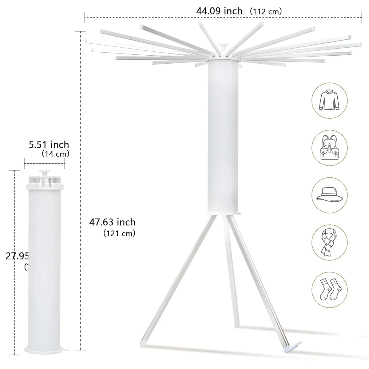 Folding Tripod Clothes Airer – Compact Drying Rack with 16 Rotating Arms, Aluminum, Indoor/Outdoor Use - Medaid International