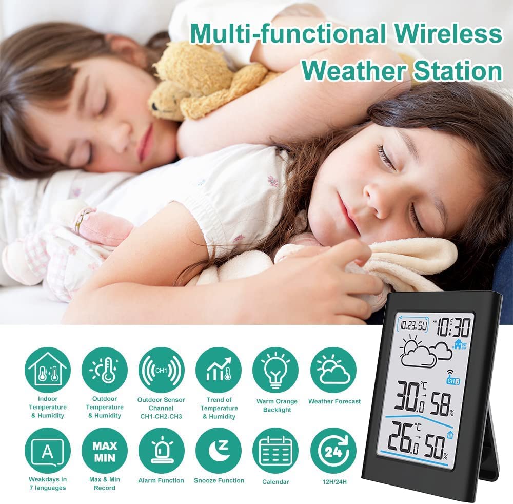 KASTWAVE Wireless Indoor Outdoor Thermometer, Wireless Digital Hygrometer, Temperature Gauge with Time and Humidity, Outside Thermometer Gauge for Patio
