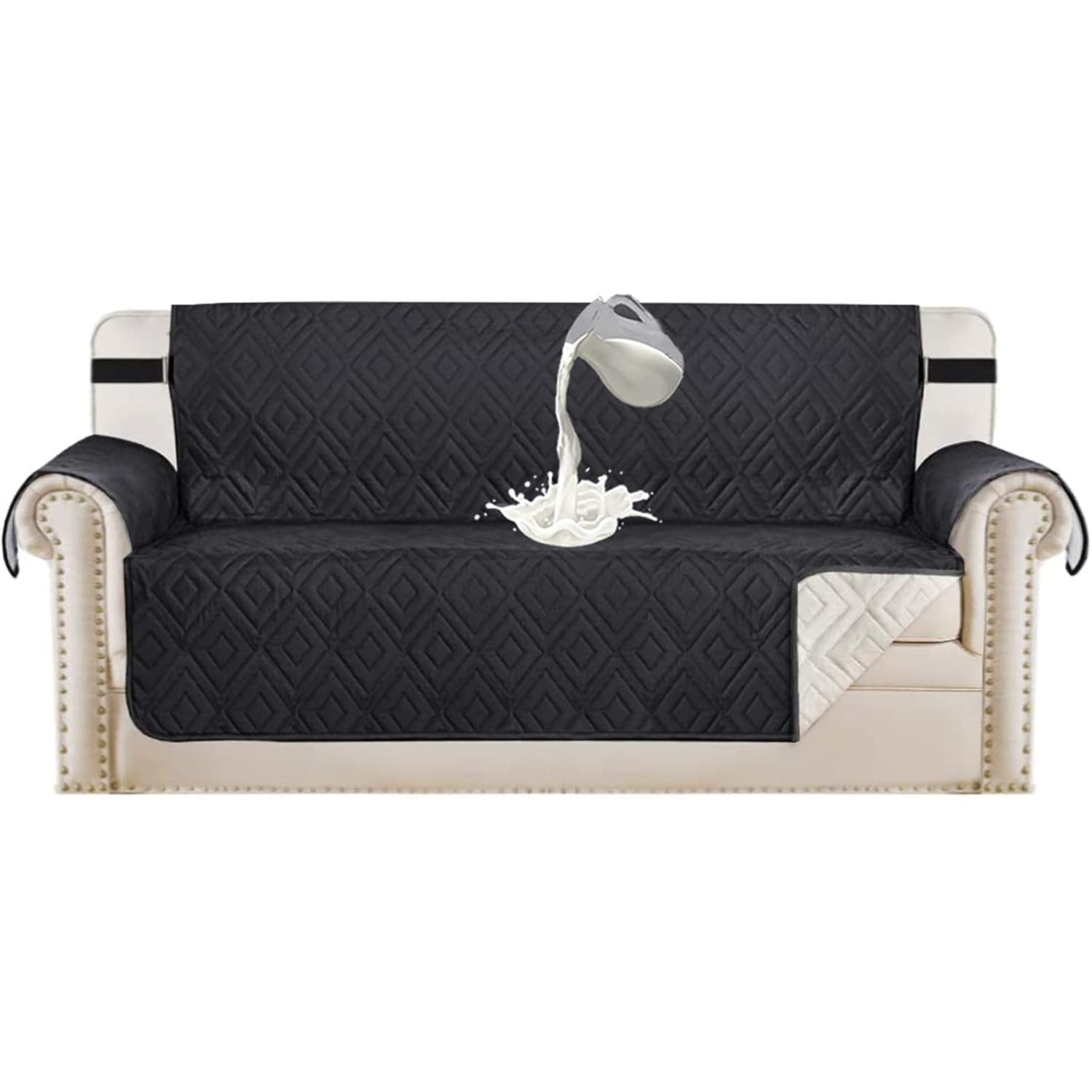 SHUOJIA Quilted Sofa Cover Reversible Sofa Protector 1,2,3 Seater Armchair Cover with Adjustable Elastic Straps (Black,2-seats) - Medaid International