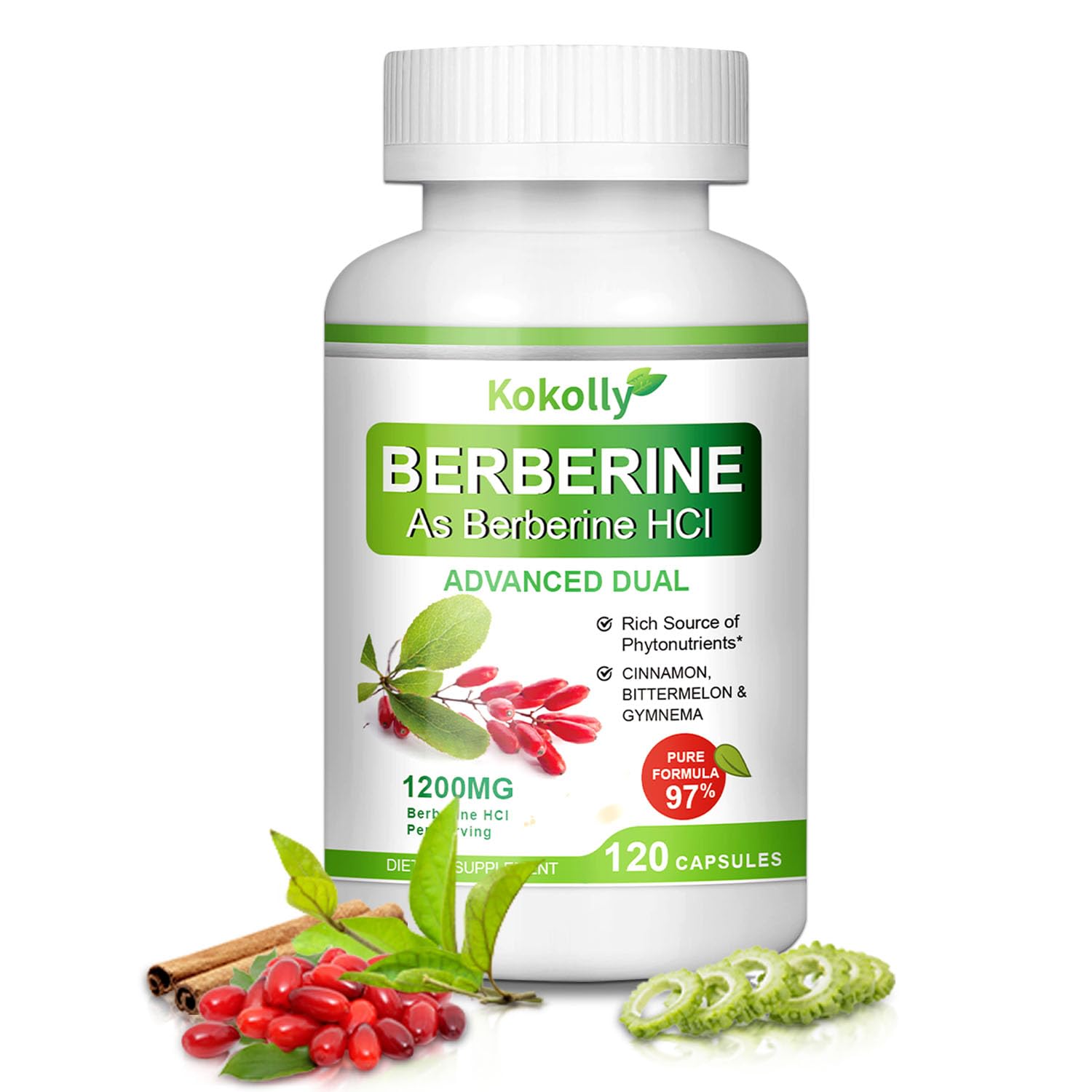 KOKOLLY Berberine Supplement 1200mg -Natural Plant- Based with Berberine HCL,Cinnamon, Bittermelon, Gymnema(120 Capsules) - Medaid International