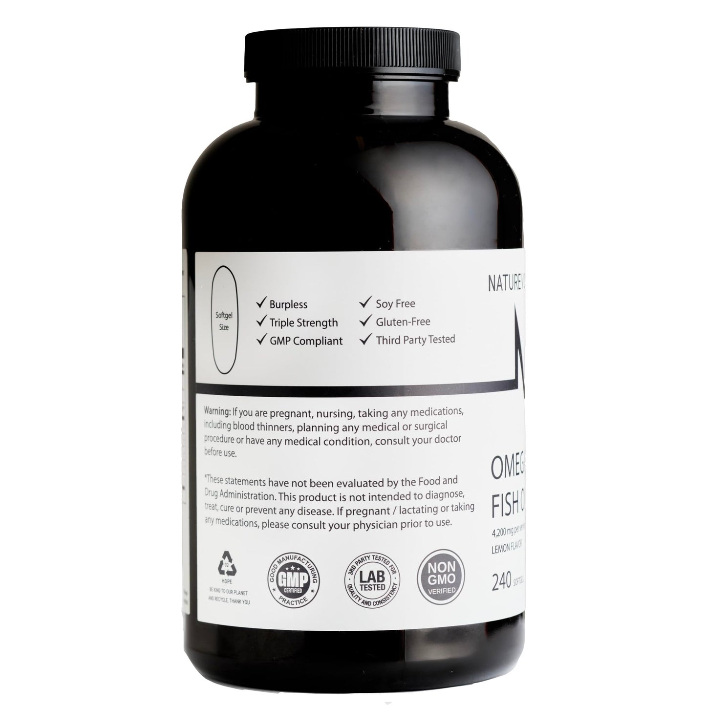 Triple Strength Omega 3 Fish Oil 4200mg - Burpless | Over 2200mg of Omega 3 Fatty Acids | 1200mg EPA + 900mg DHA | Best Essential Fatty Acids | Wild Caught/Deep Sea Fish, Lemon Flavored - 240 Softgels - Medaid International