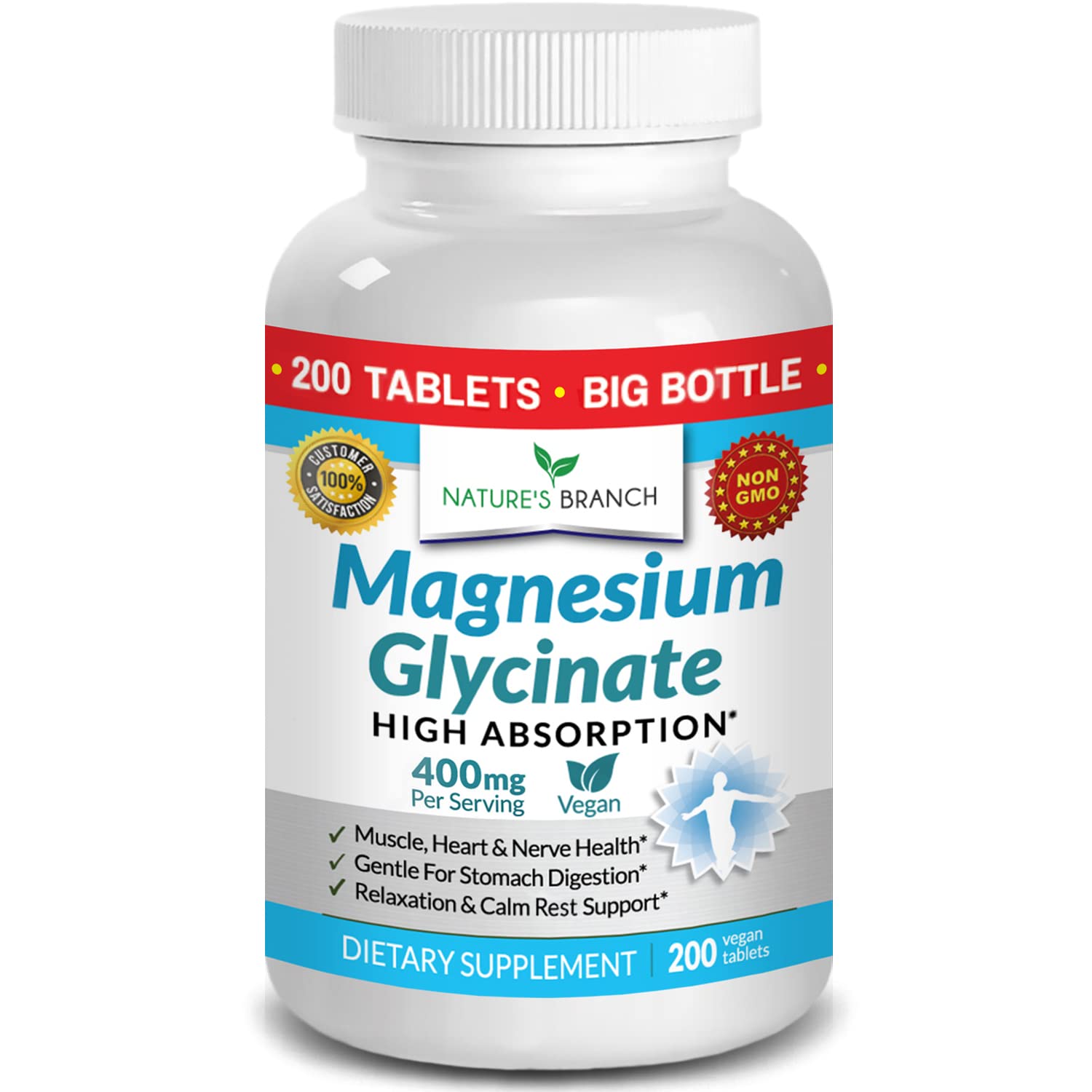 Magnesium Glycinate 400 mg - 200 Tablets - High Absorption, Non Buffered Bisglycinate Mag Supplement for Sleep, Leg Cramps, Heart, Ease Muscles, Calm Headaches for Women and Men, Non Powder Capsules - Medaid International