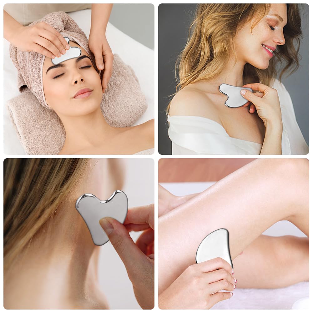 URAQT Stainless Steel Gua Sha Facial Tools Guasha Tools for Face Skin Care Body Gua Sha Tools Tighten Skin Massage Tools for Puffiness Reducing & Jawline Sculpting Face Stone Gua Sha Tools (Silver) - Medaid International