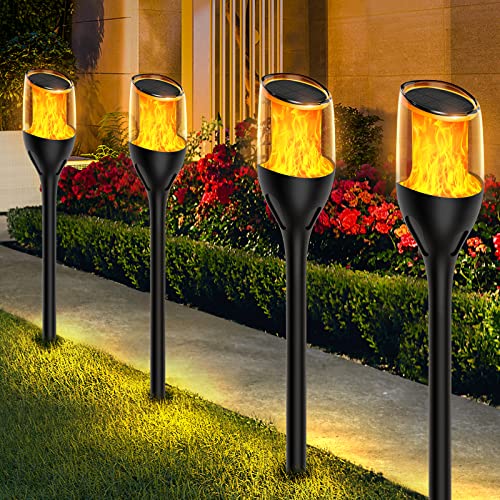 Hausbell - Pack of 4 Solar Garden Lights, Rustic Style, IP65 Waterproof, Realistic Flame Effect