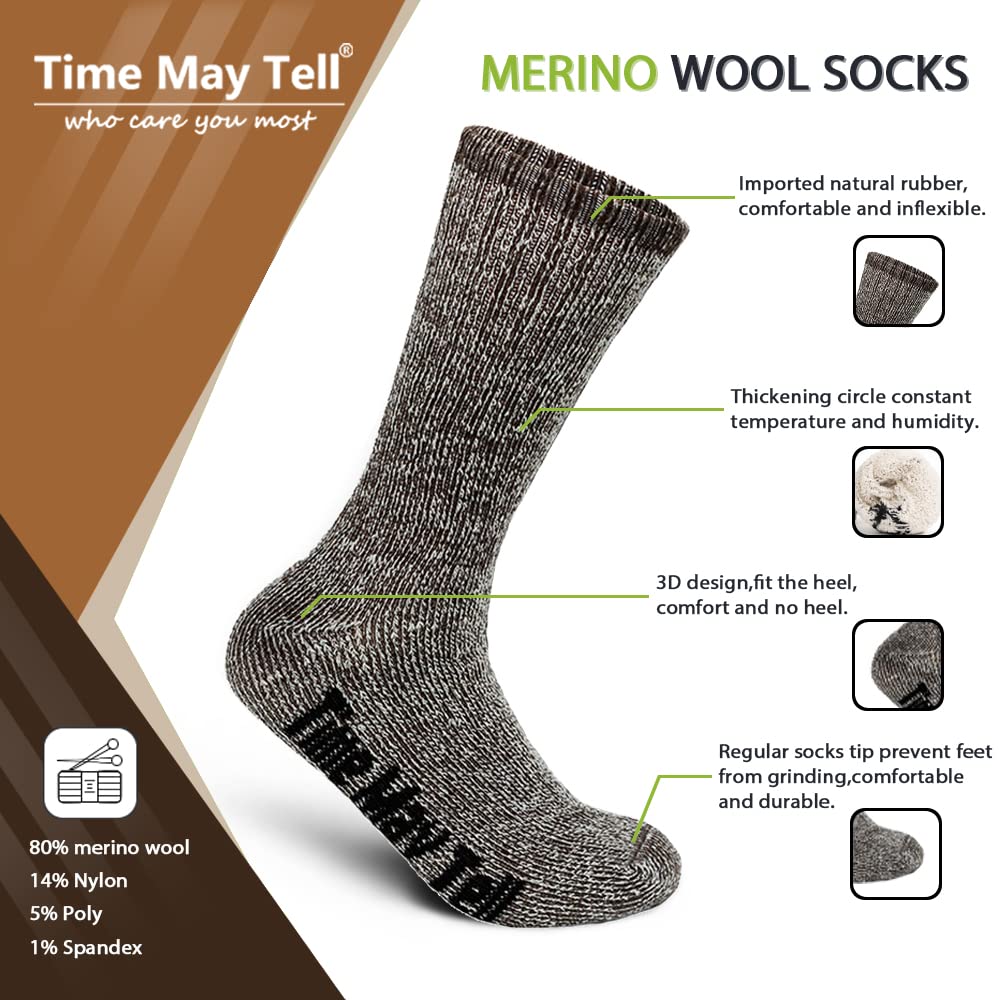 Time May Tell Mens Merino Wool Hiking Cushion Socks Thermal Warm Crew Winter Boot Socks Pack (Brown(2 pairs), US Size 9-13) - Medaid International