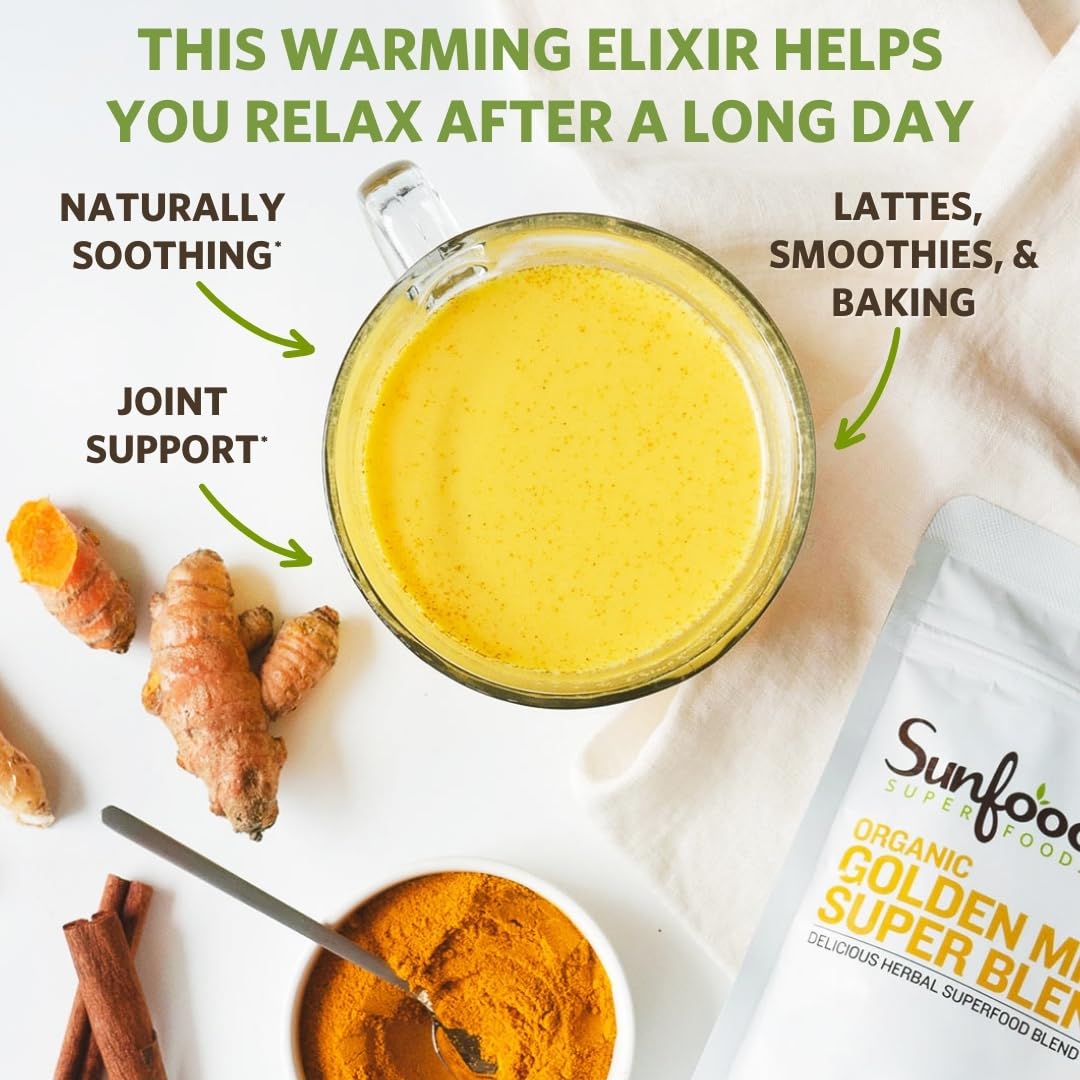 Sunfoods Golden Milk Super Blend - Superfood Golden Milk, Turmeric Powder, Superfood with Turmeric and Ginger, Black Pepper, Cinnamon & Cardamom, Turmeric Latte Powder, Vegan, USDA Organic - 6 oz - Medaid International