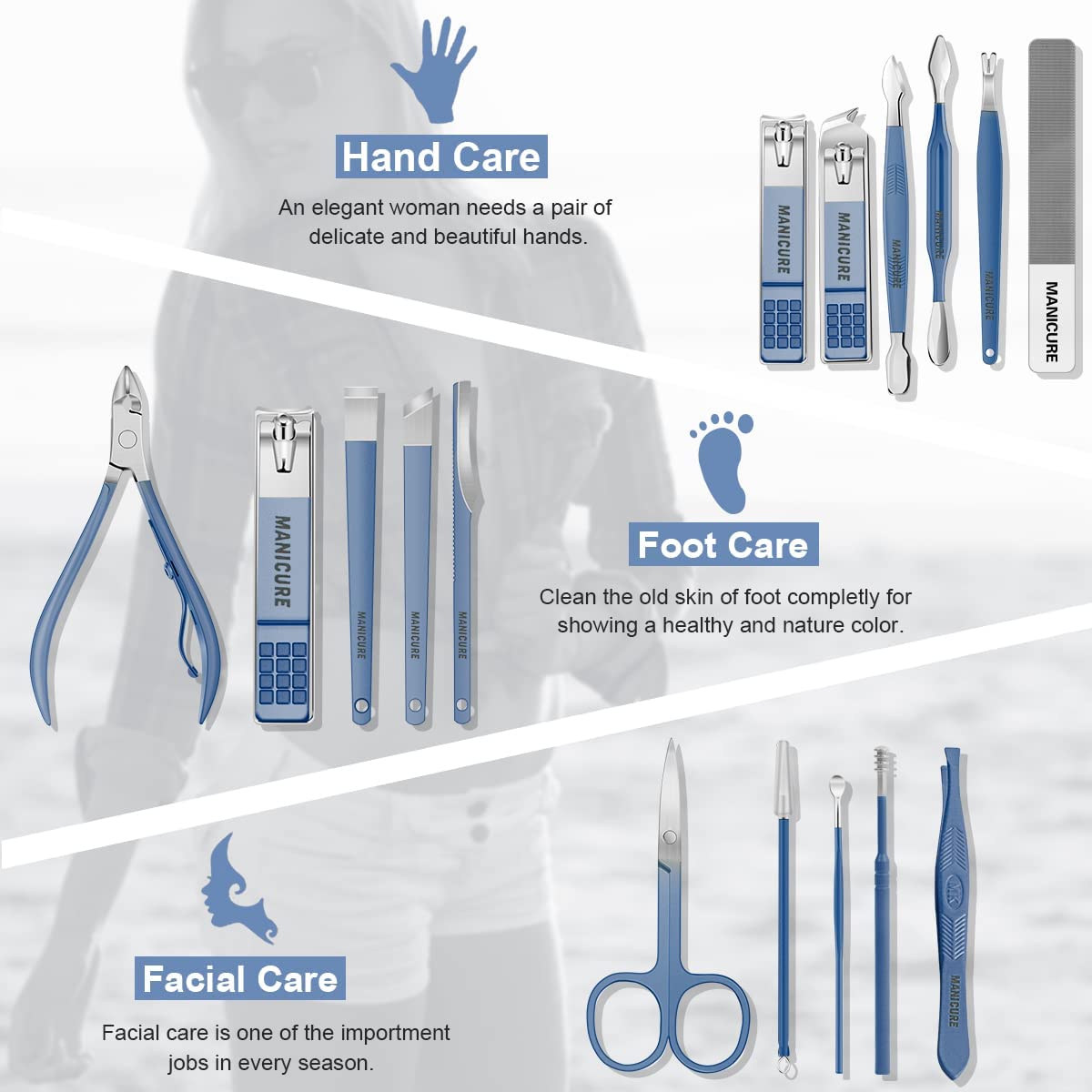TERRIFI Manicure Set, Professional Nail Clippers Pedicure Kit, Stainless Steel Nail Care Tools, Grooming Kit with Luxurious Travel Leather Case for Thick Nails Men Women Gift (16PCS, Blue)