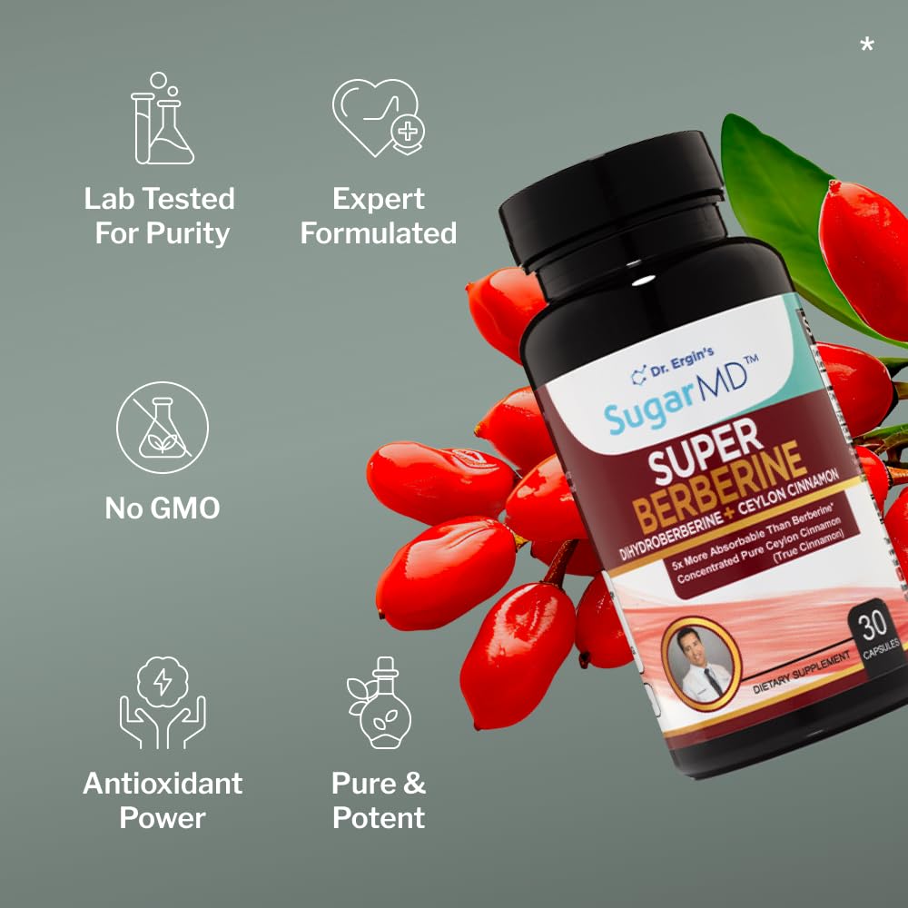 SugarMD Super Berberine Supplement – 250mg GlucoVantage Dihydroberberine with Ceylon Cinnamon - 5X More Absorbable Than Regular Berberine – 30 Capsules (30 Day Supply) - Medaid International