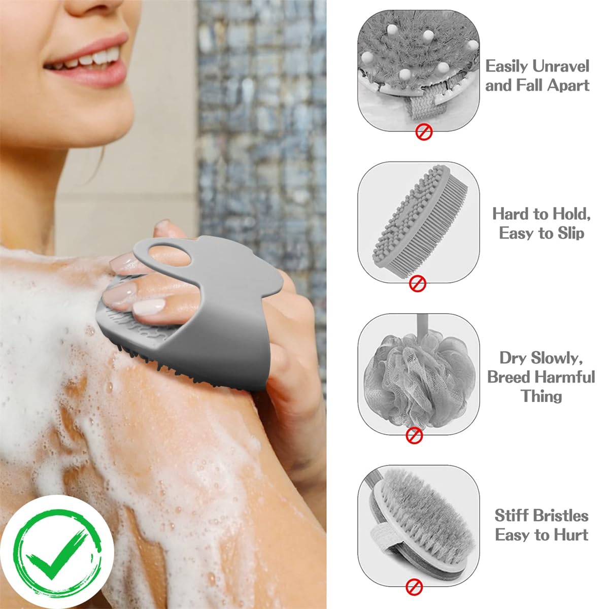 TERRIFI Silicone Body Scrubber, Multifunction Exfoliator Bath Brush for Use in Shower, Ergonomic No-Slip Handle And Easier Product Foam