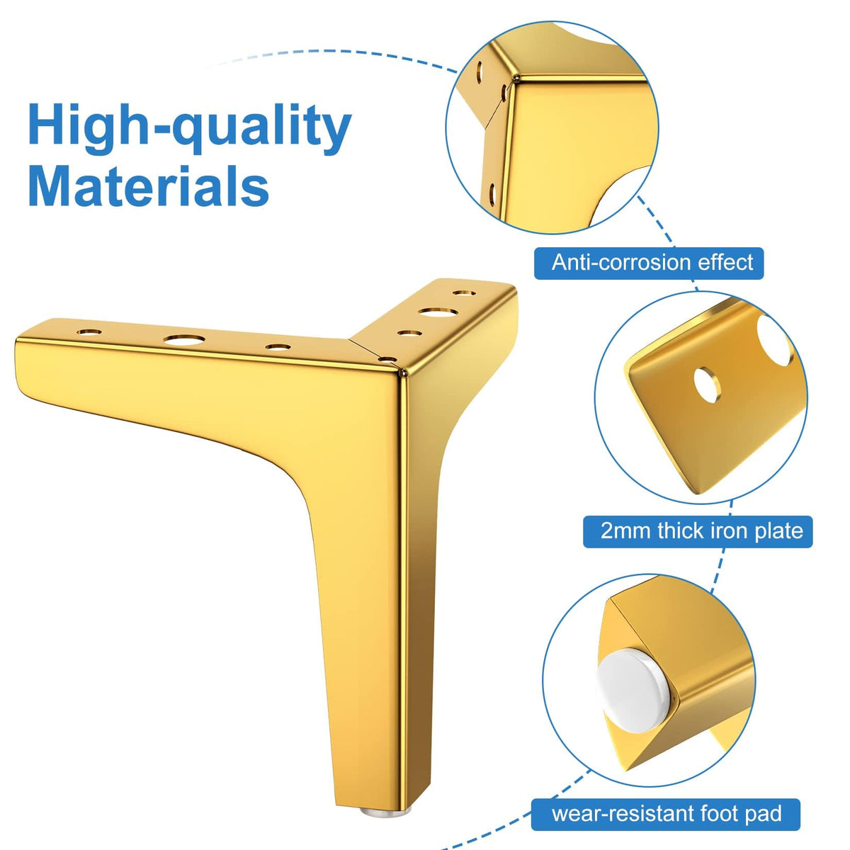 KASTWAVE Furniture Legs, 17cm Heavy Duty Furniture Metal Table Legs with Screws & Protector Feet for Cabinet, Wardrobe, TV Cabinets, Drawers, Nightstand (4 Pcs, Gold)