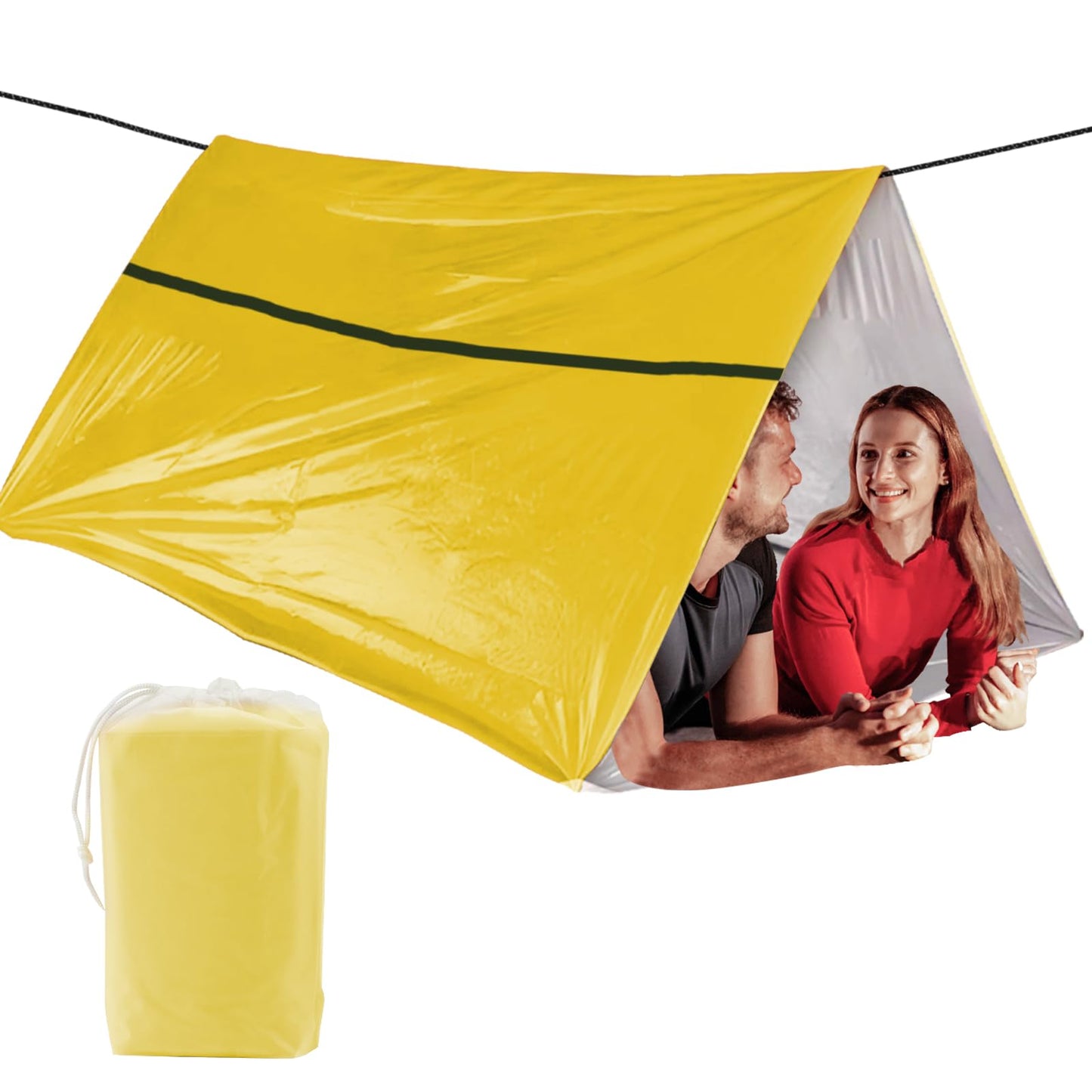 SET007 1-Pack Mylar Survival Life Tent, 2 Person Emergency Shelter Tube Tents with Paracord • 90% Heat Retention, Waterproof, All Weather Protection for Hiking, Camping & Outdoor-Yellow