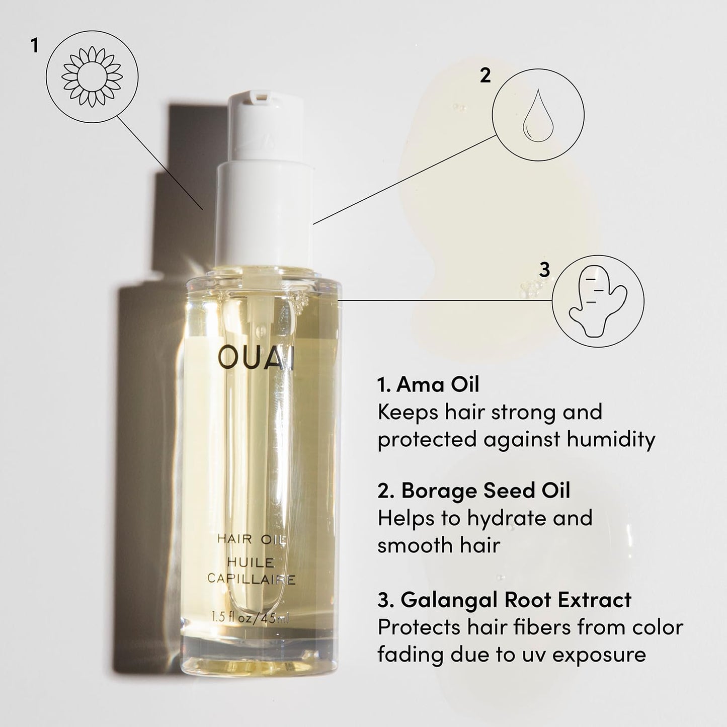 OUAI Hair Oil - Hair Heat Protectant Oil for Frizz Control - Adds Shine and Smooths Split Ends - Color Safe Formula - Paraben, Phthalate and Sulfate Free (1.5 fl oz) - Medaid International