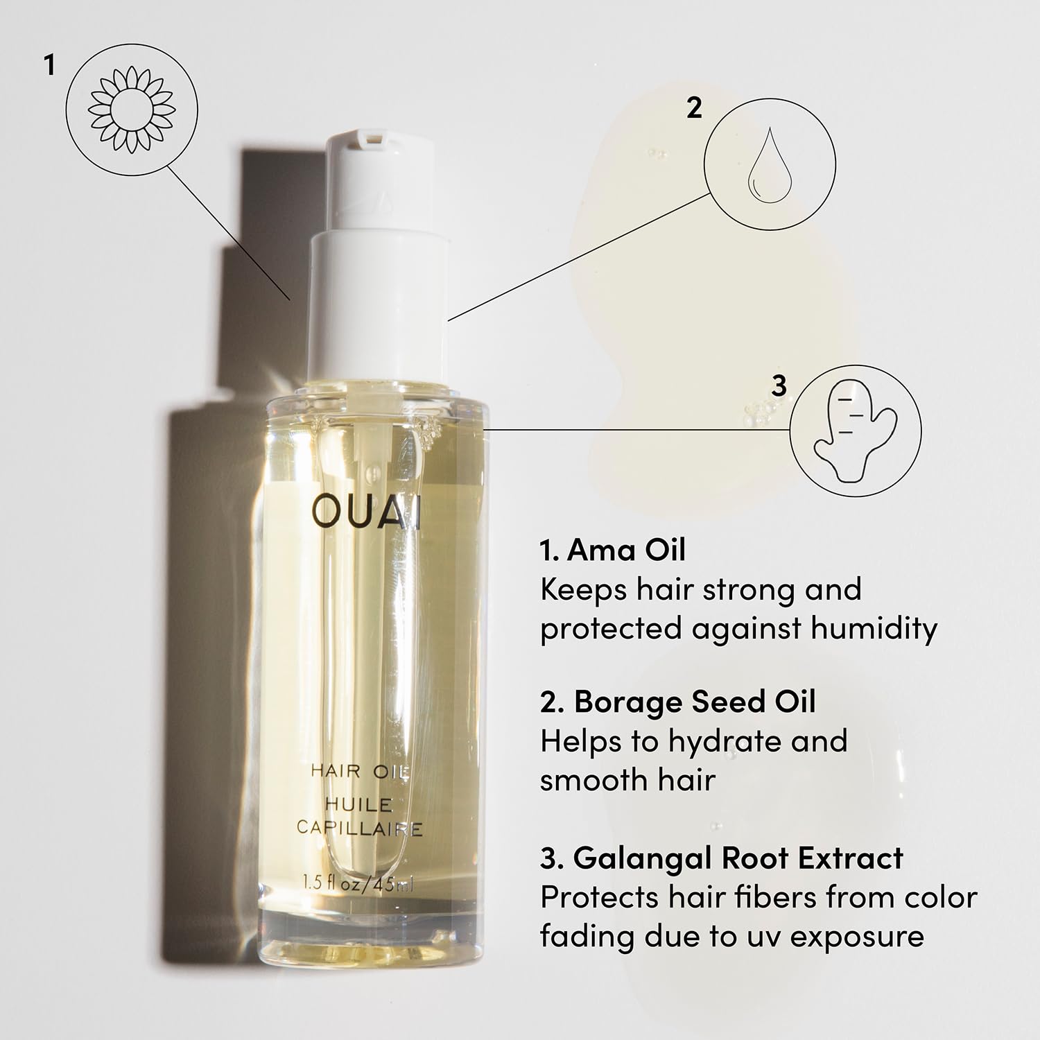 OUAI Hair Oil - Hair Heat Protectant Oil for Frizz Control - Adds Shine and Smooths Split Ends - Color Safe Formula - Paraben, Phthalate and Sulfate Free (1.5 fl oz) - Medaid International