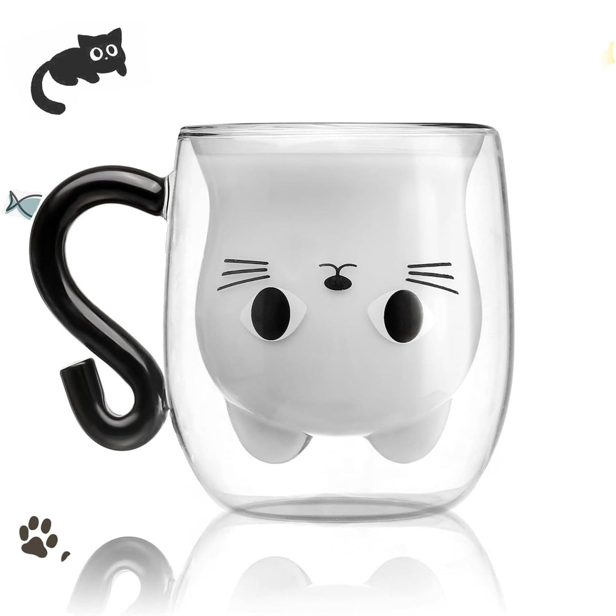 KASTWAVE Black Cat Mug Cute Mug with Handle Double Walled Coffee Mug Kawaii Cat Presents for Women Glass Mugs Tea Cup Cute Birthday Gifts Mug for Cat Lovers Birthday Present Idea