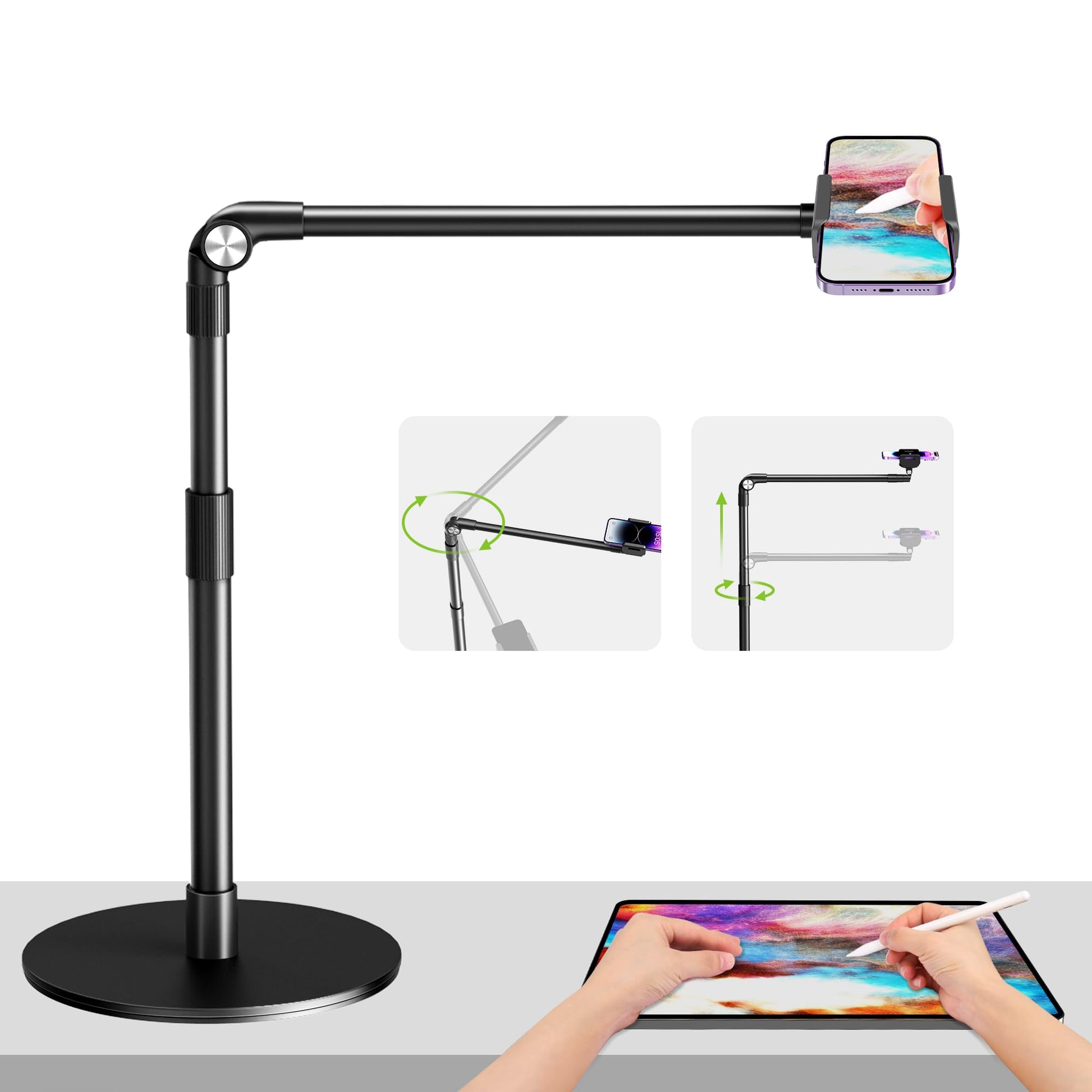 elitehood Heavy Duty Aluminum Overhead Phone Stand, 15 in Long Arm iPhone Holder for Video Recording, 360 Degrees Swivel Tilt Overhead Phone Mount for Filming, Meeting, Cooking, Painting and Crafting - Medaid International