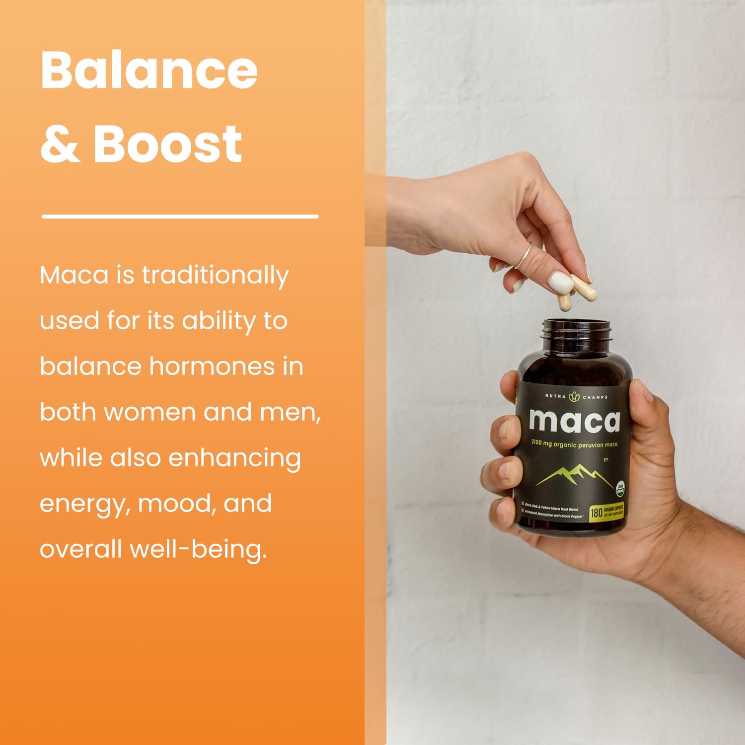 NutraChamps USDA Organic Maca Root Capsules for Women & Men, 2100mg, 180 Capsules, Black, Red & Yellow Peruvian Gelatinized, Highest Potency Maca Root Powder Supplement - Medaid International