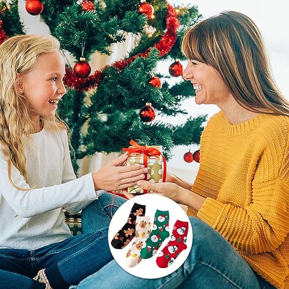 4 Pairs Womens Funny Socks Cozy Cute Printed Patterned Fun Christmas Novelty Santa Socks for Women and Men - Medaid International