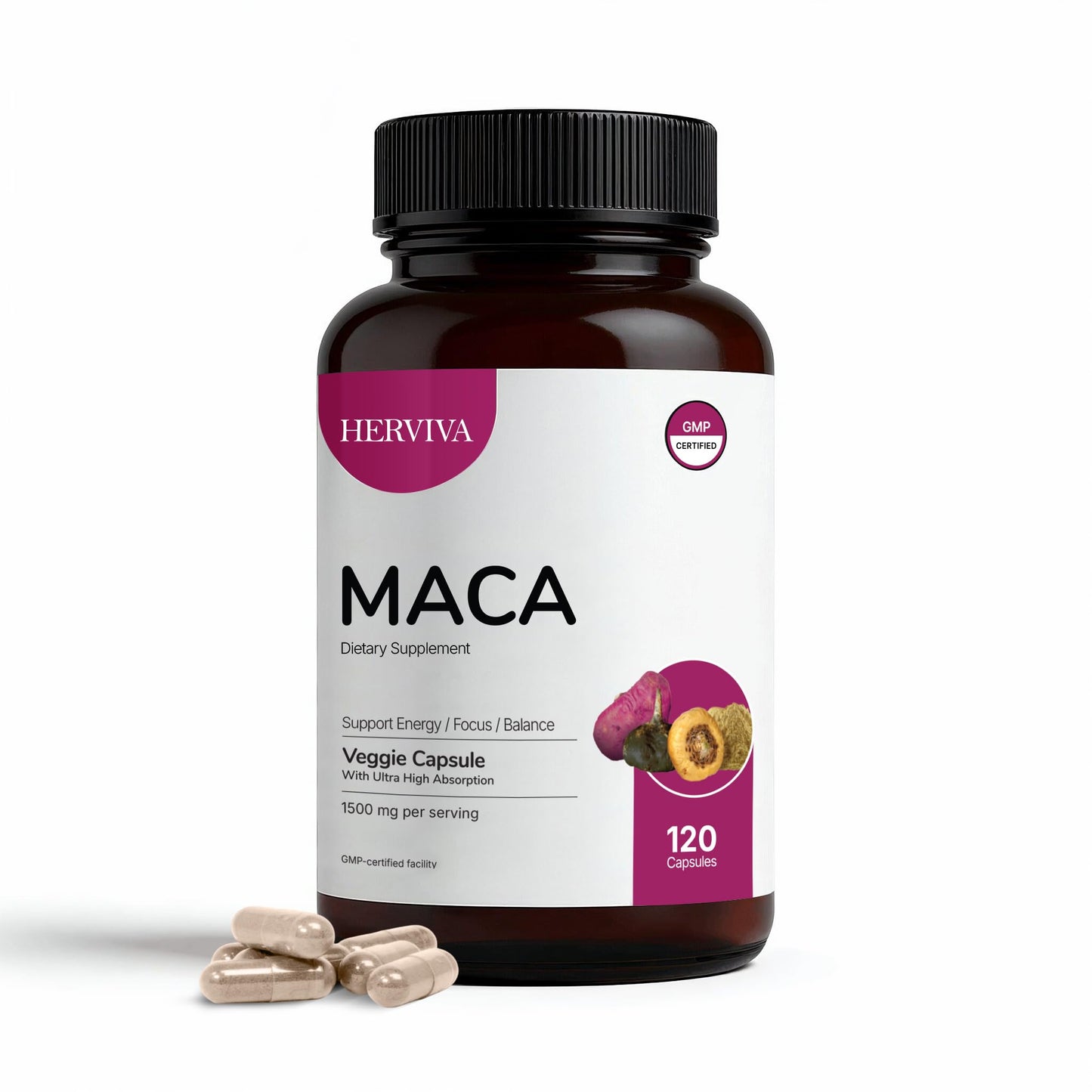 HERVIVA Maca Root Capsules for Women & Men – Maca Root Powder 1500mg per Serving – Vegan Veggie Capsules - Medaid International