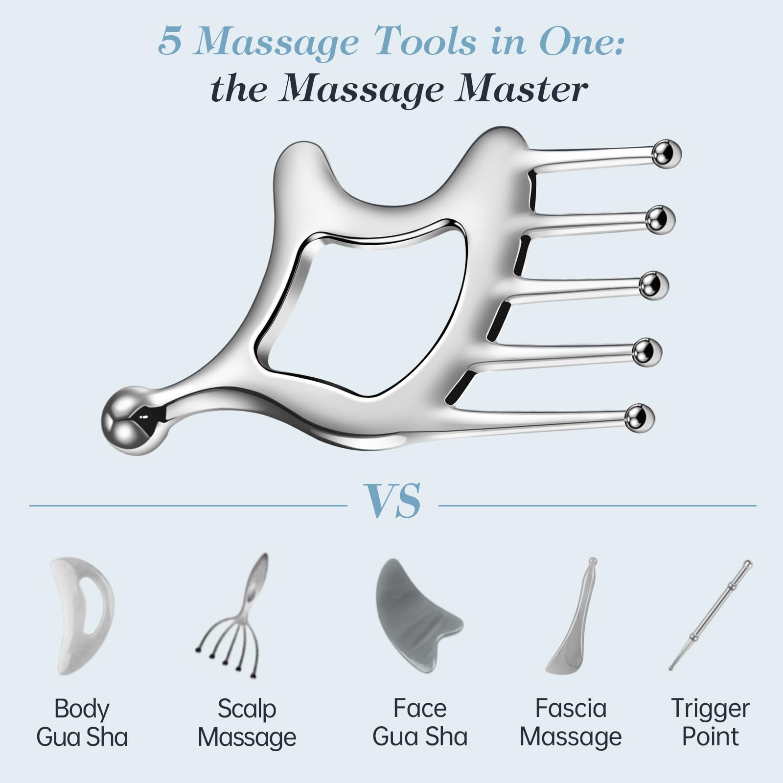 Metal Gua Sha Facial Tools, Portable Scalp Massage Tool, 5 in 1 Massage Comb for Head, Neck, Shoulders, Legs & Arms Hand Held Head Massager for Deep Relaxation and Relieving Fatigue & Pain, Home SPA - Medaid International