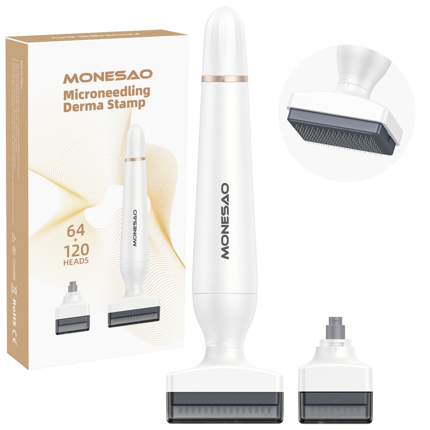 Derma Stamp, MONESAO Microneedling Stamp for Skin Face Hair Scalp Beard, Microneedle Dermastamp Tool with 2 Replacement Heads, Micro Needling Stamp Kit for Women and Men - Medaid International