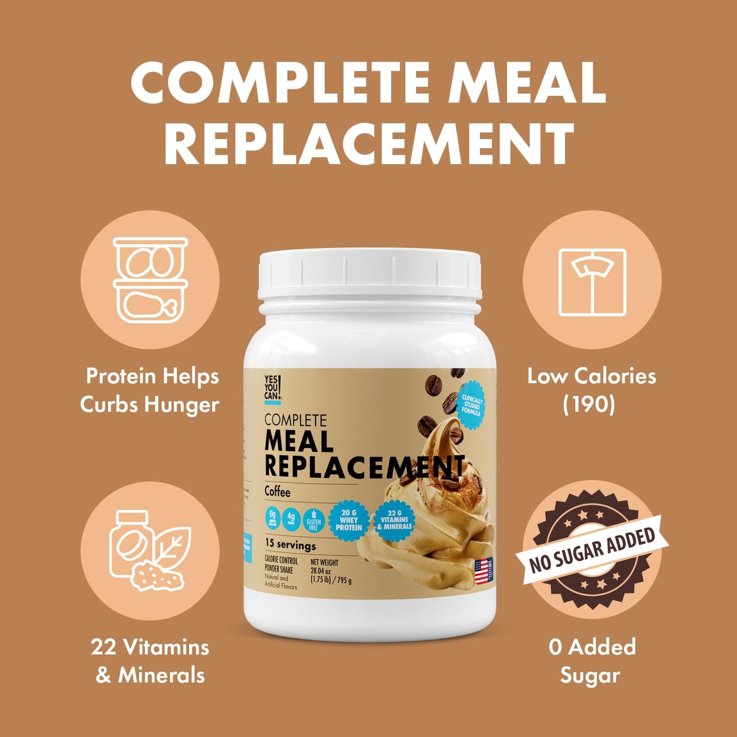 Yes You Can! Meal Replacement Shake - 20G Protein, 4G Fiber, 21 Vitamins & Minerals, 0G Added Sugar - Meal Replacement Protein Powder - Complete All-in-One Nutrition - 15 Servings (Coffee) - Medaid International