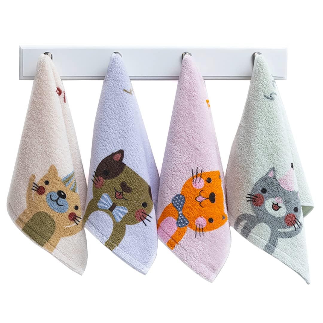 KASTWAVE Bathroom Hand Towels, 4-Pack Cartoon Cat Hand Towel Soft 100% Cotton Towel Highly Absorbent Hand Towel, Hand Towels for Bath, Hand, Face, Gym and Spa, Size 10" x 20"