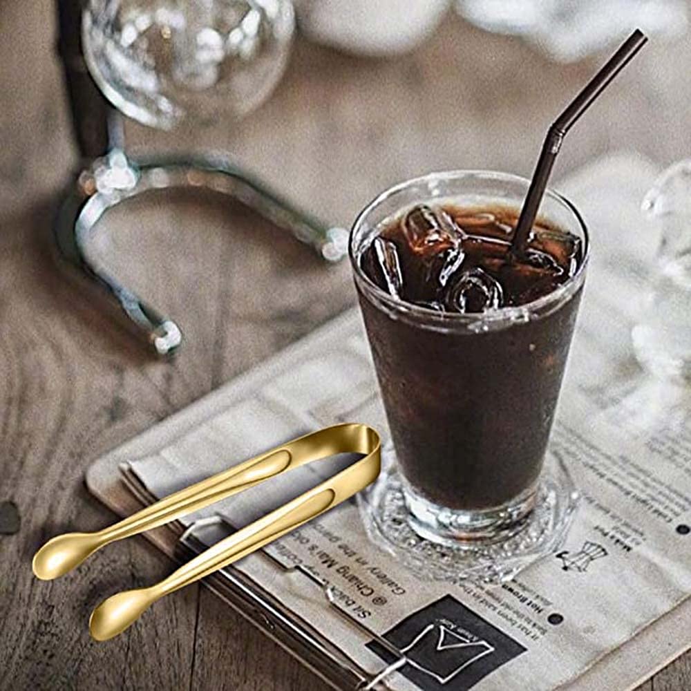 KASTWAVE 10-Piece Stainless Steel Food Tongs Set - Rock Candy, Mini Serving, Ice Cube, Small Square Tea Party Coffee Bar Kitchen Tongs (Golden)