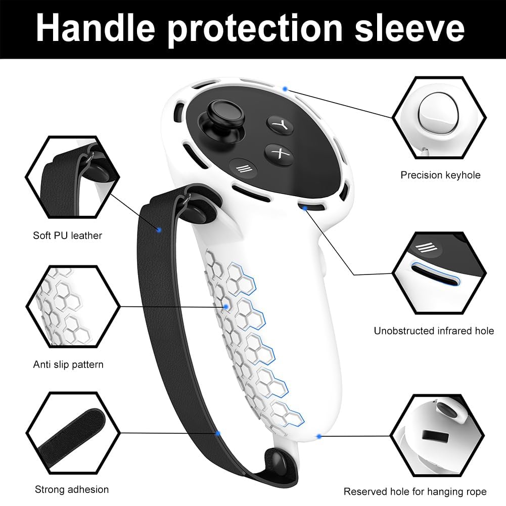 TERRIFI Controller Grips for Oculus Quest 3 - Comfortable Silicone Cover with Controller Hand Straps, 2Pcs Rocker Cap and Joystick Protection, Reserve Precise Hole Positions (White)