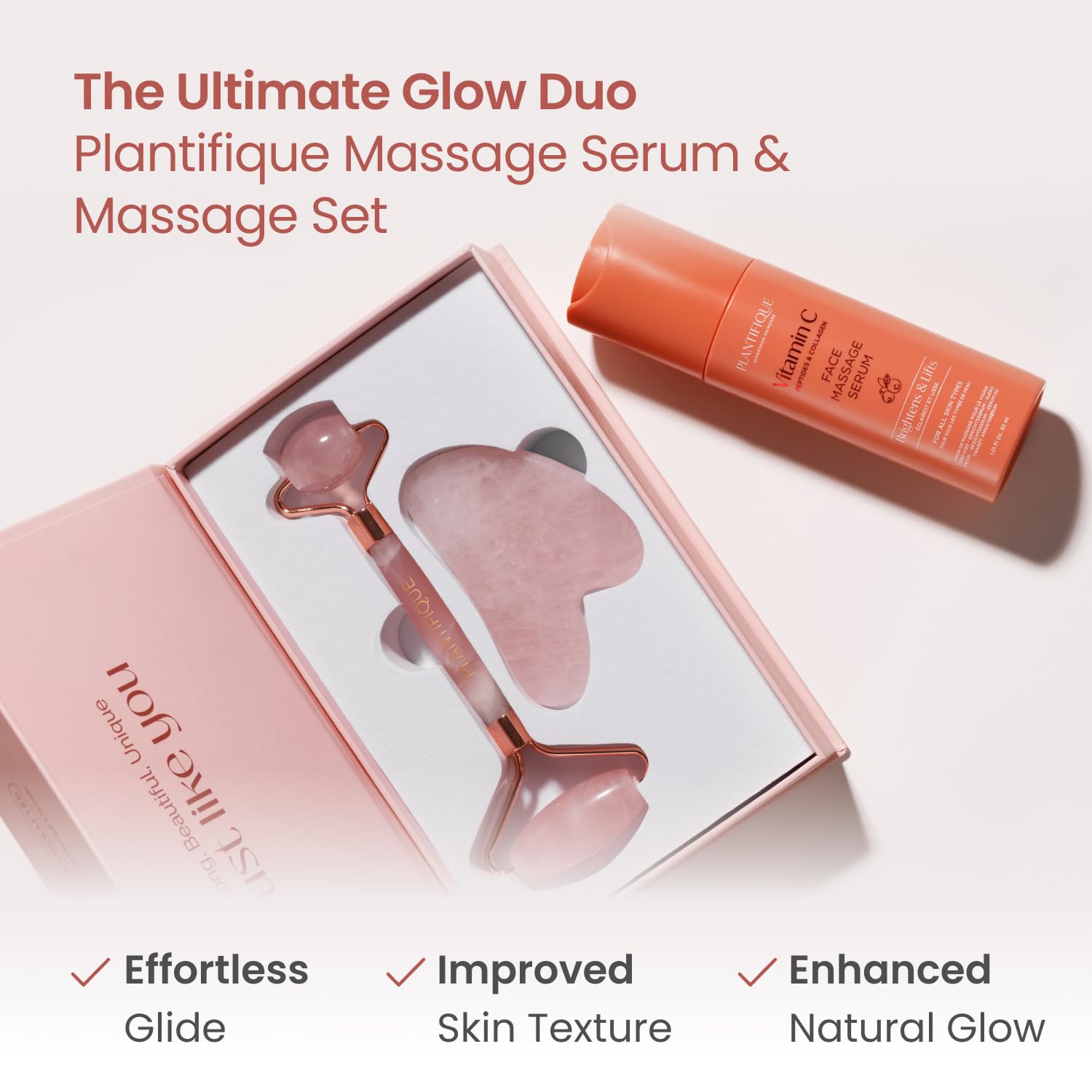 PLANTIFIQUE Face Roller and Gua Sha Rose Quartz Certified | Gifts | Guasha Tool for Face | Jawline Shaper | Your Skin Care Routine - Medaid International